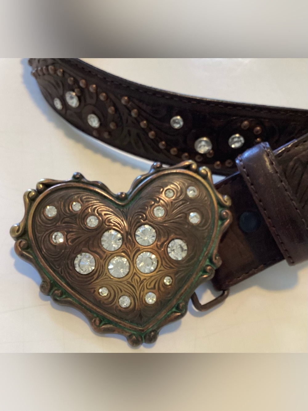 JUSTIN BOOT Tooled Rhinestone Belt & Heart Buckle.  Size 34 - Picture 4 of 11